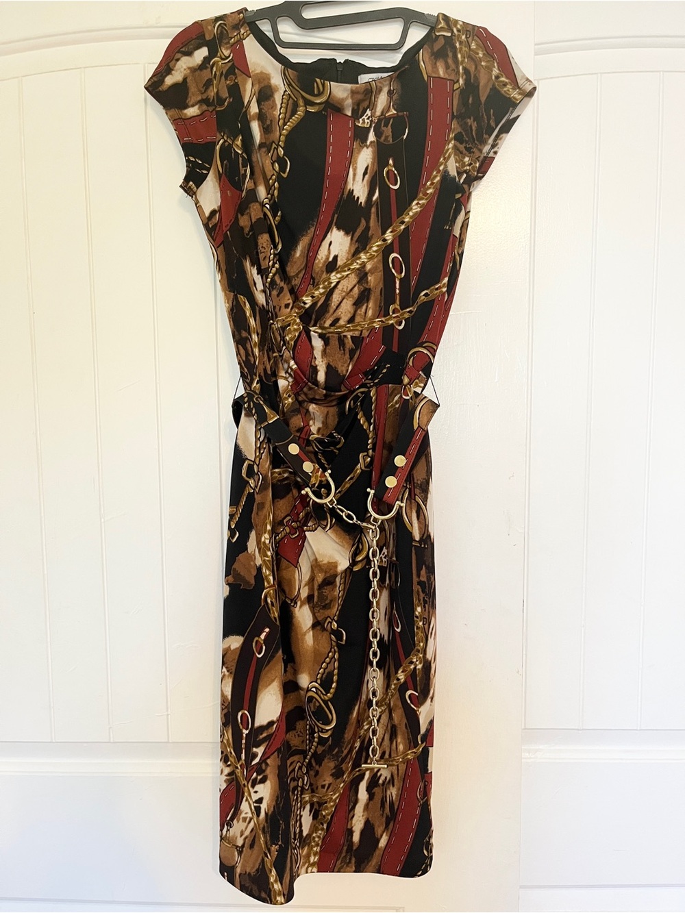 Cache Chain-Print Midi Dress in Black, Red & Brown
